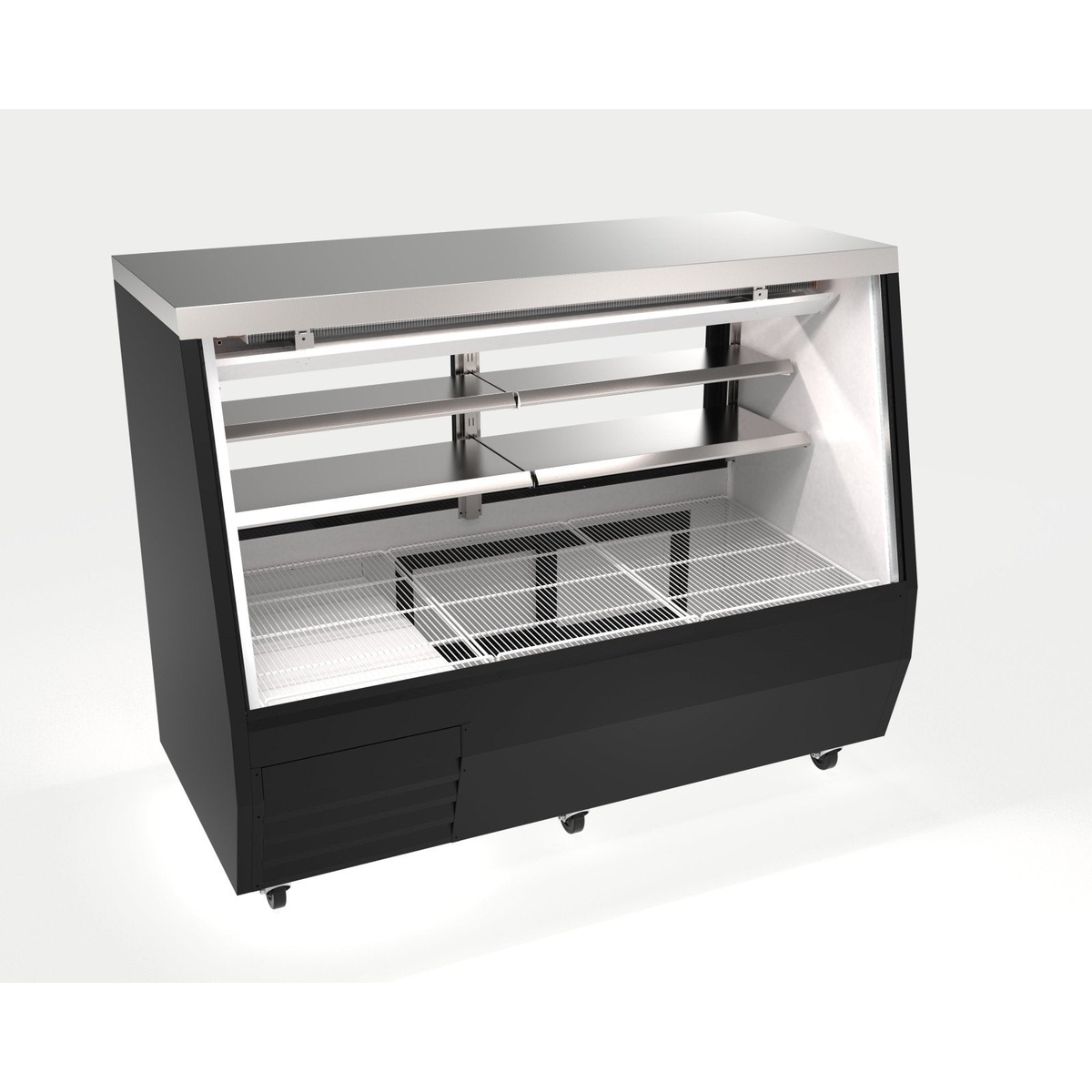 Enhanced EDDDC-71-HC 71-inch black deli display case with stainless steel top, angled glass front, stainless upper shelves, and lower wire rack on casters