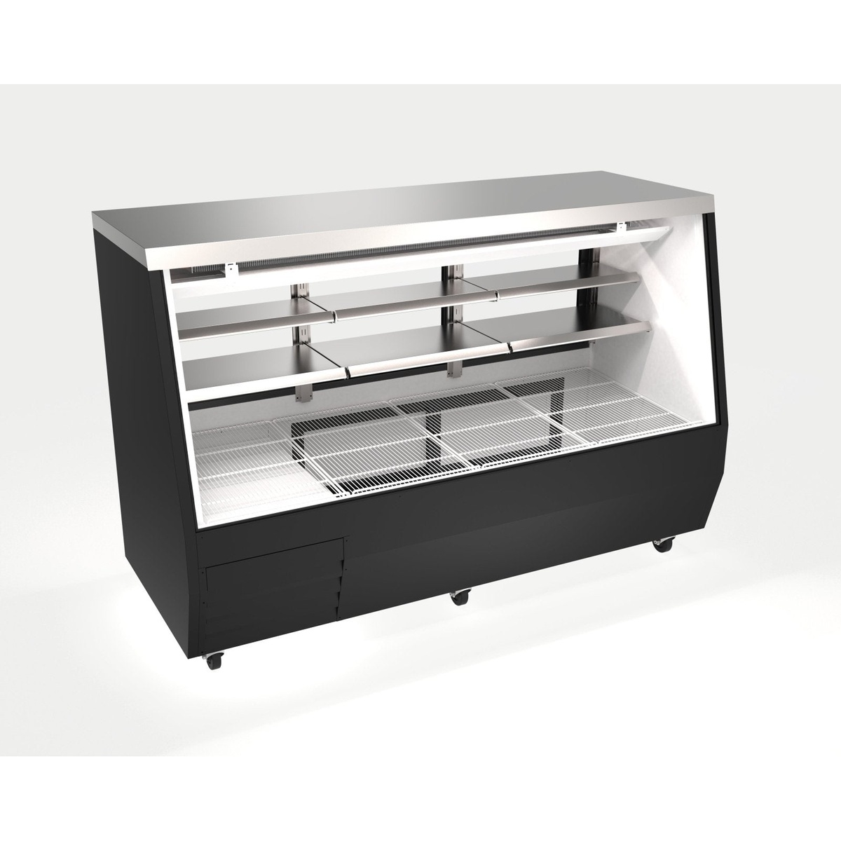 Enhanced EDDDC-84-HC 84-inch black double duty deli refrigerated display case with curved front glass, adjustable shelves, lower wire rack, stainless steel top, and casters