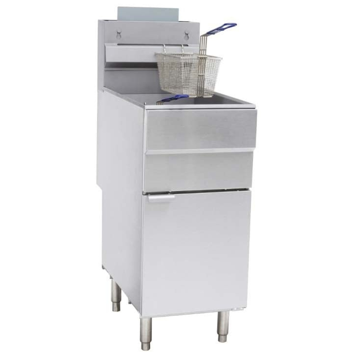 Enhanced EGF-90-P propane gas floor fryer with stainless steel cabinet, door, and single fry basket
