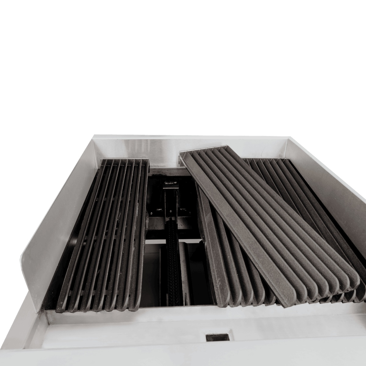 Top-down view of Enhanced charbroiler showing cast iron cooking grates and radiant ceramic briquette burners