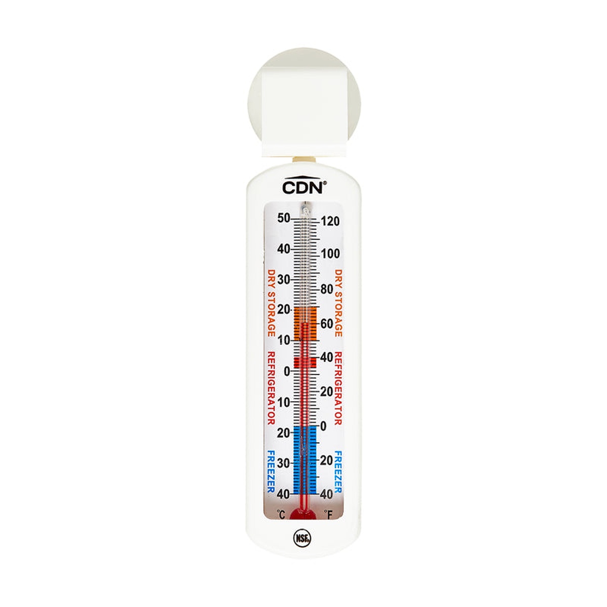 CDN EFG120 thermometer front view showing full dual-scale Fahrenheit and Celsius display with color-coded zone labels