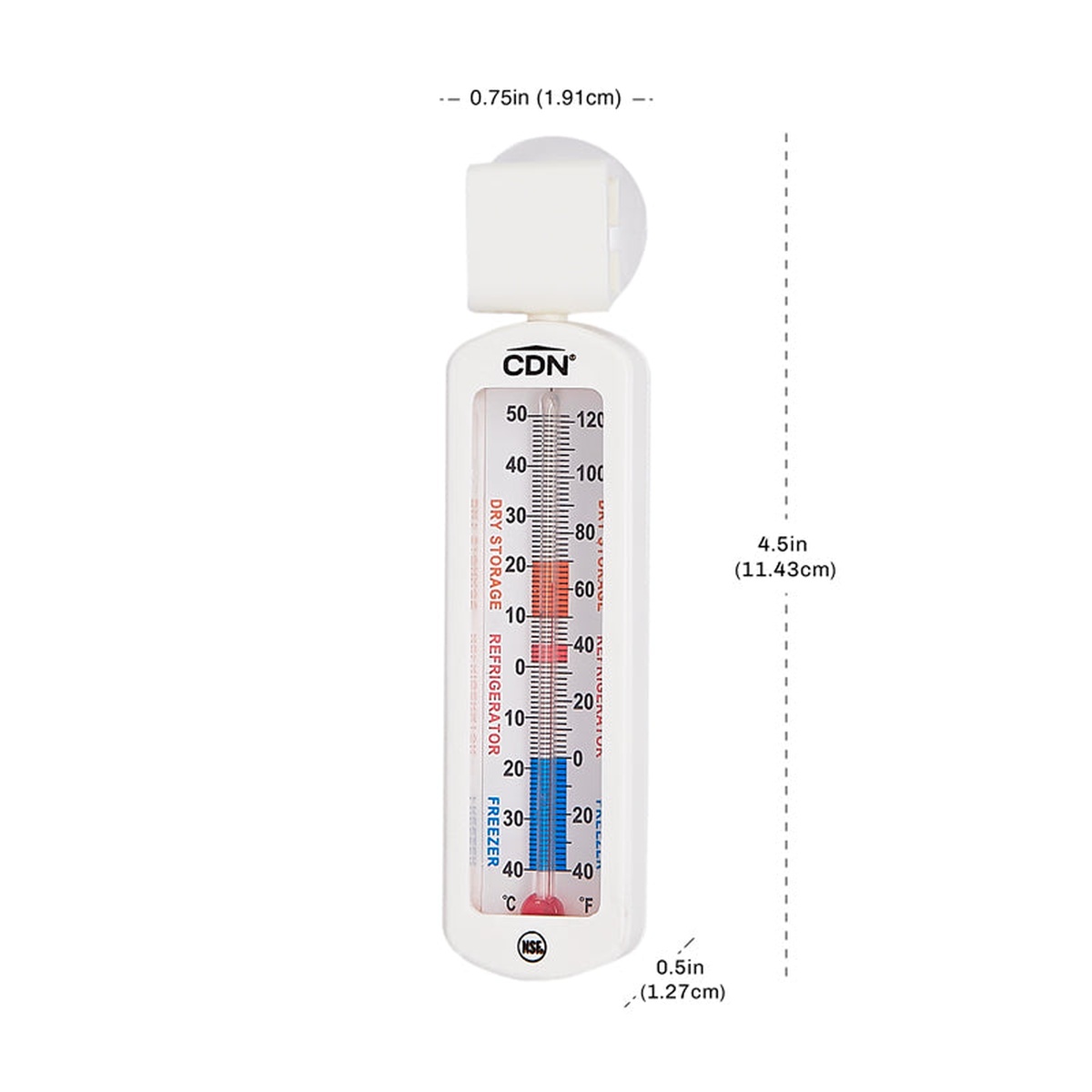 CDN EFG120 thermometer with dimension callouts showing 0.75 in wide, 4.5 in tall, and 0.5 in deep measurements