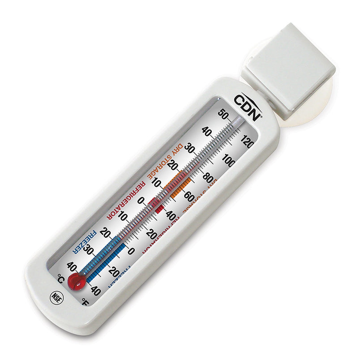 CDN EFG120 refrigerator freezer thermometer angled view showing color-coded scale, NSF mark, and suction cup mount
