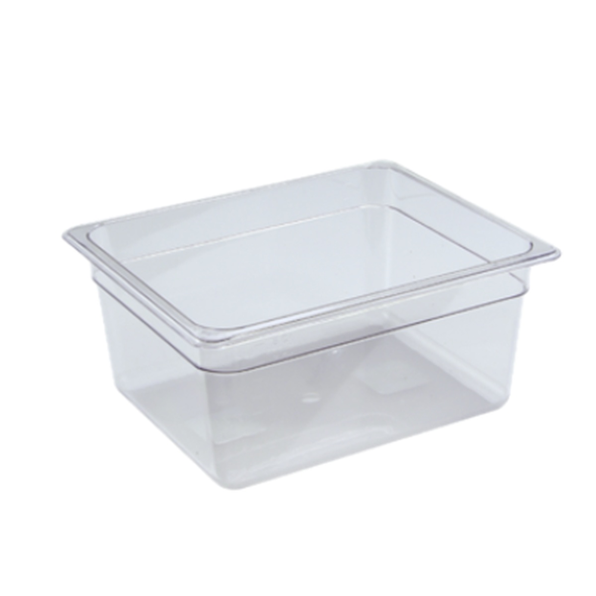 Cresco Resco EFP26C clear polycarbonate half-size food pan, 6 inches deep, angled view showing full depth and transparent walls