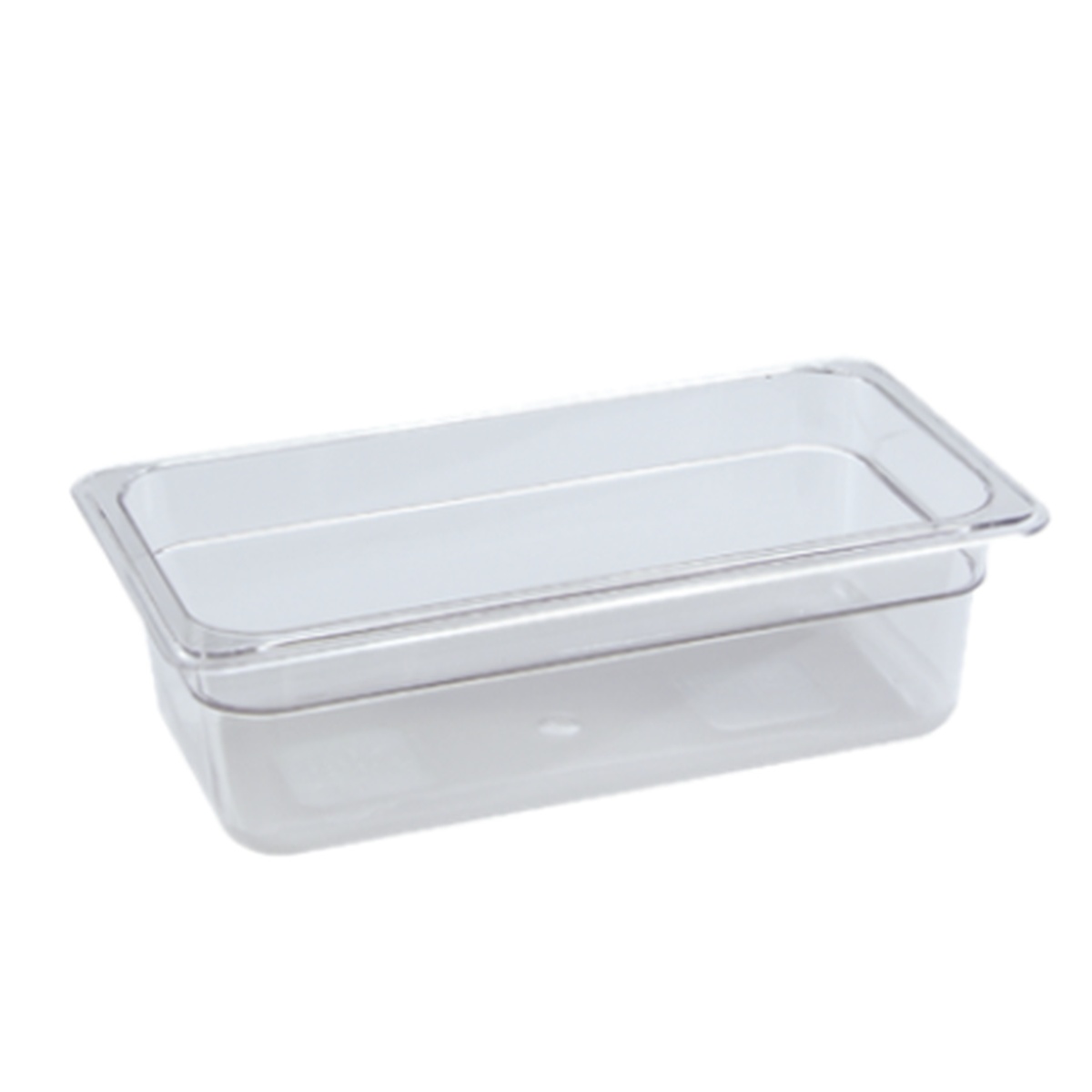Clear polycarbonate 1/3 size food pan, 4 inch depth, shown on white background