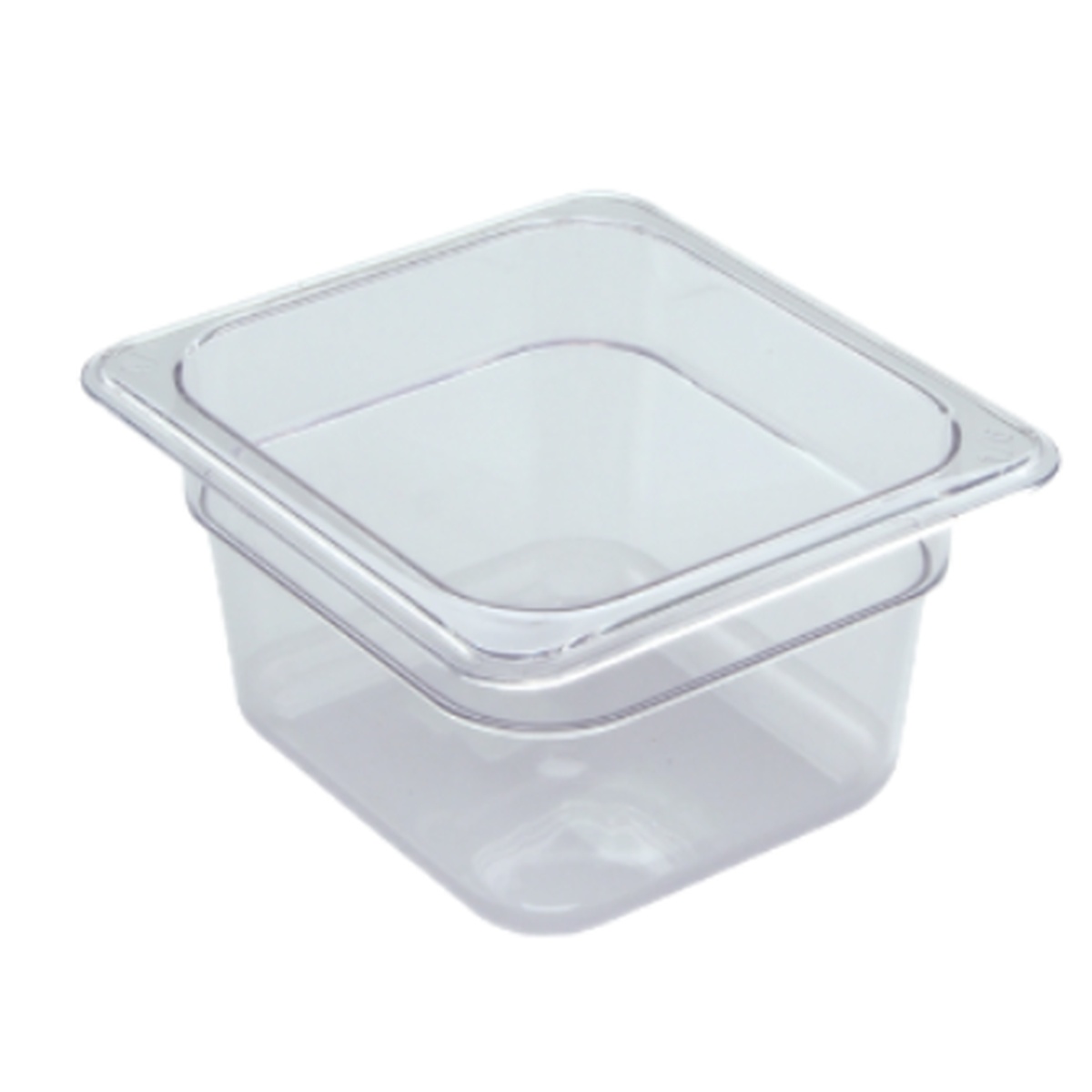 EFP64C clear polycarbonate 1/6 size food insert pan, 4 inches deep, shown from a slight angle against a white background