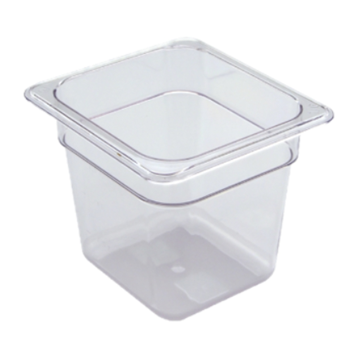 EFP66C clear polycarbonate 1/6 size food pan, 6 inches deep, angled front view on white background