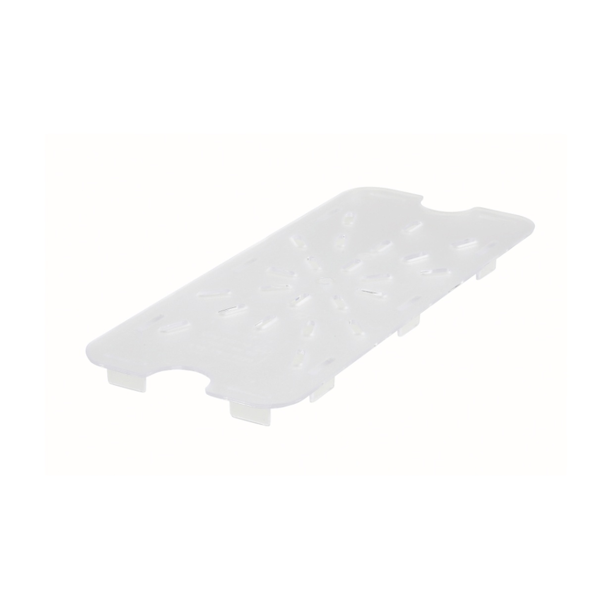 EFPD30C Cresco Resco clear 1/3 size drain shelf colander insert pan, angled view showing perforated surface and notched edges