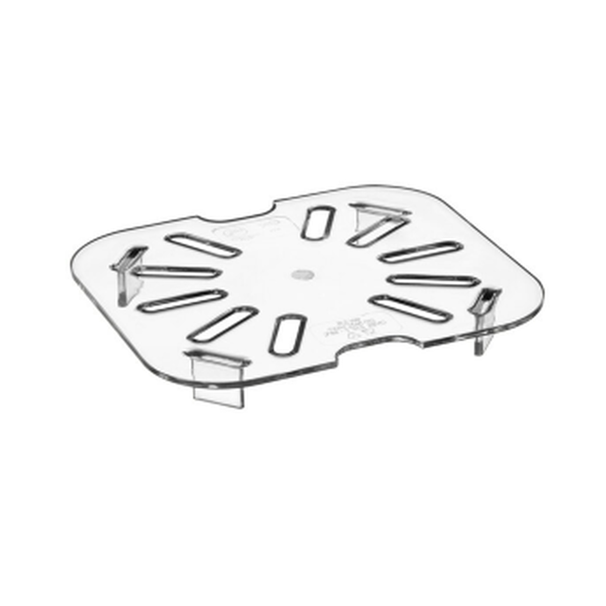 Clear 1/6 size polycarbonate drain shelf with slotted surface and raised feet
