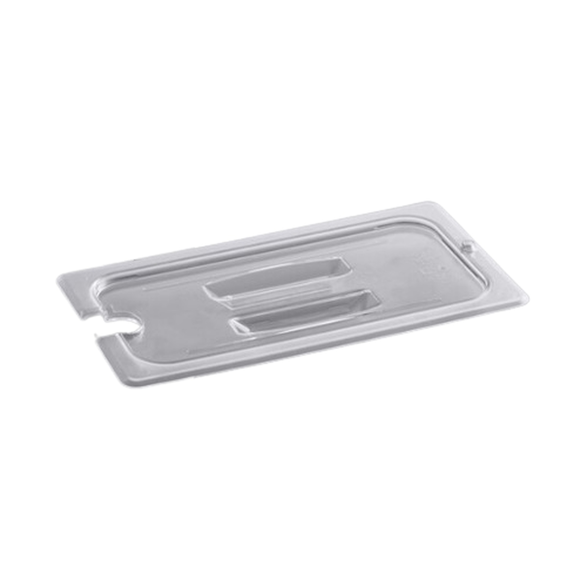 Clear polycarbonate 1/3 size insert pan lid with spoon notch and integrated handle grip