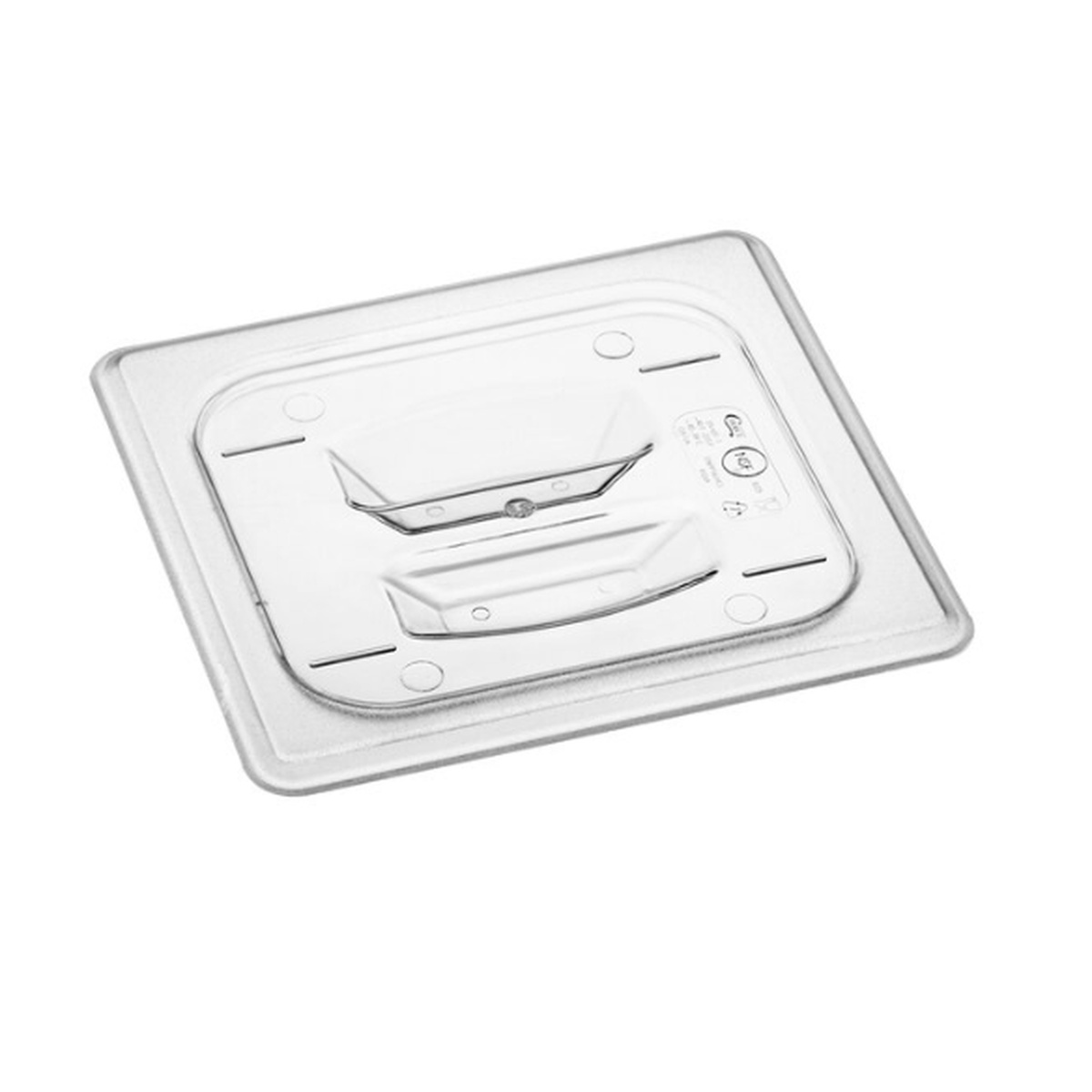 EFPL60C Cresco Resco 1/6 size solid clear polycarbonate insert pan lid, angled view showing handle detail and corner tabs