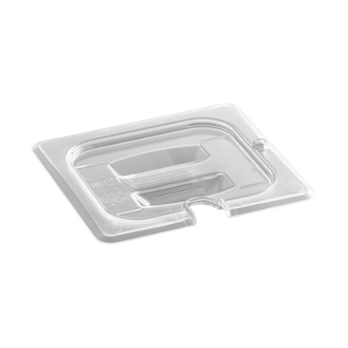 EFPL60NC Cresco Resco 1/6 size clear polycarbonate insert pan lid with spoon notch, shown on white background
