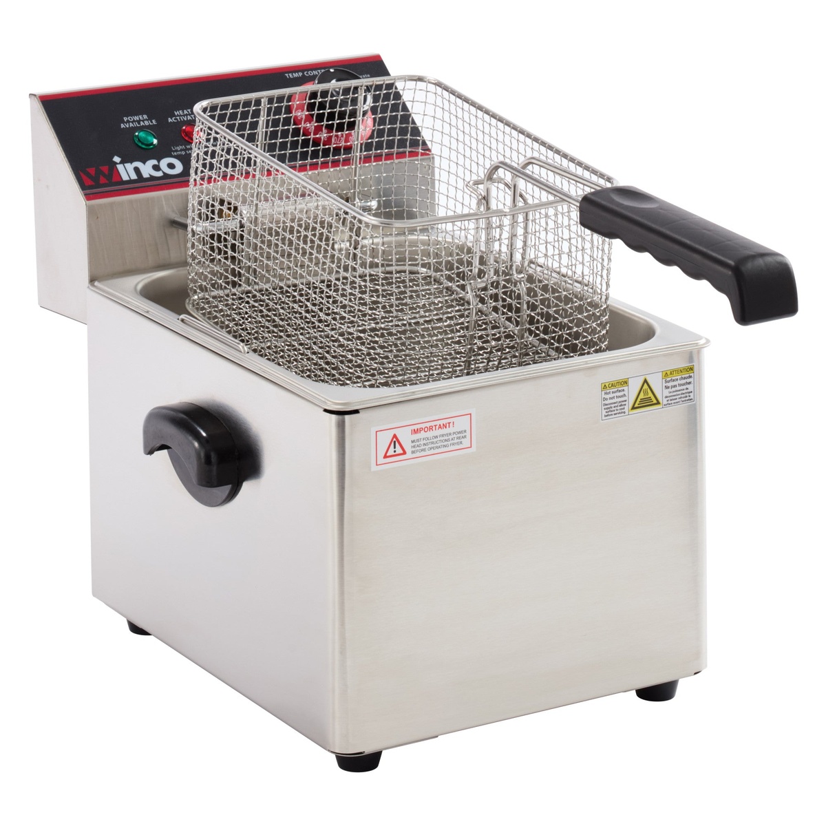 Winco EFS-16 fryer with basket lifted above the stainless steel fry well