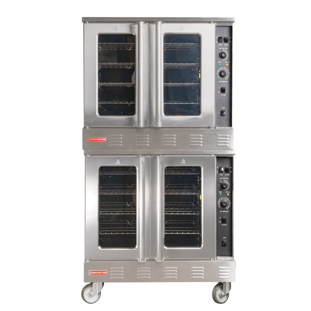 Enhanced EGCO-613 double stacked gas convection oven front view with stainless steel doors closed, mounted on casters