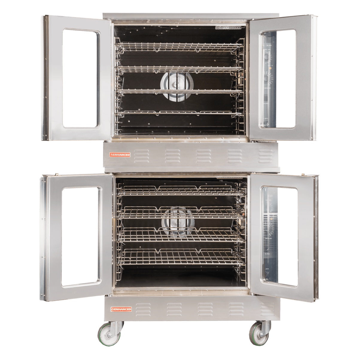 Enhanced EGCO-613-2 double gas convection oven with both cavities open, showing multiple wire racks and rear convection fan in each chamber