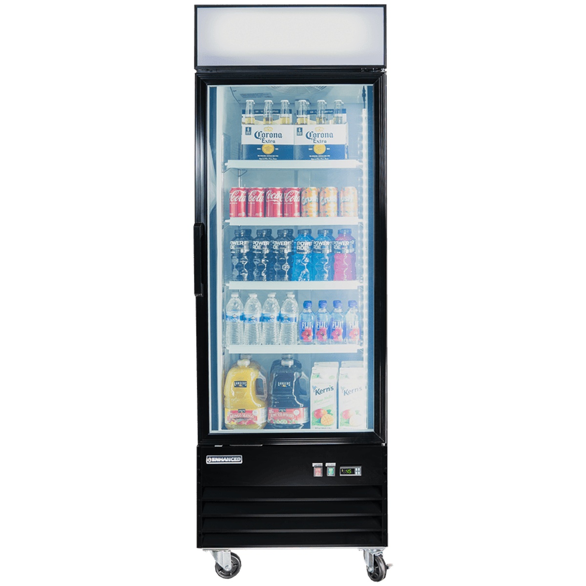 Enhanced Refrigeration EGDM-19F-HC single glass door merchandiser freezer with black exterior, illuminated top sign, multiple shelves, and casters