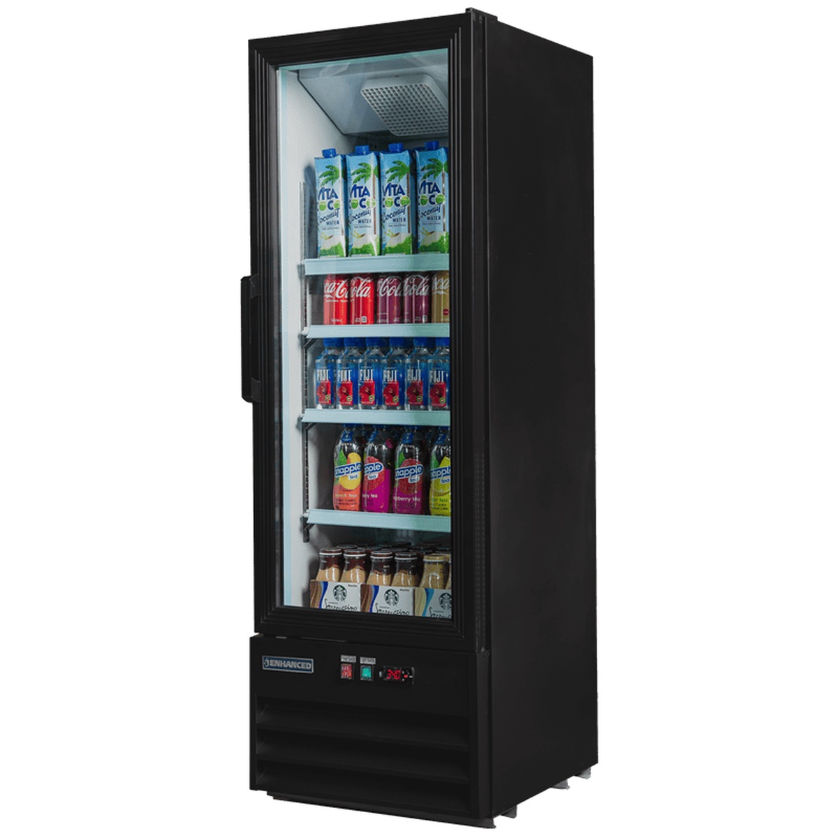 Enhanced EGDM-19R-HC merchandiser refrigerator angled side view showing depth and black cabinet profile