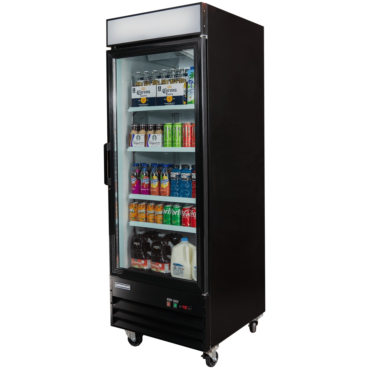 Enhanced Refrigeration EGDM-23R-HC angled side view showing stocked shelves and caster wheels