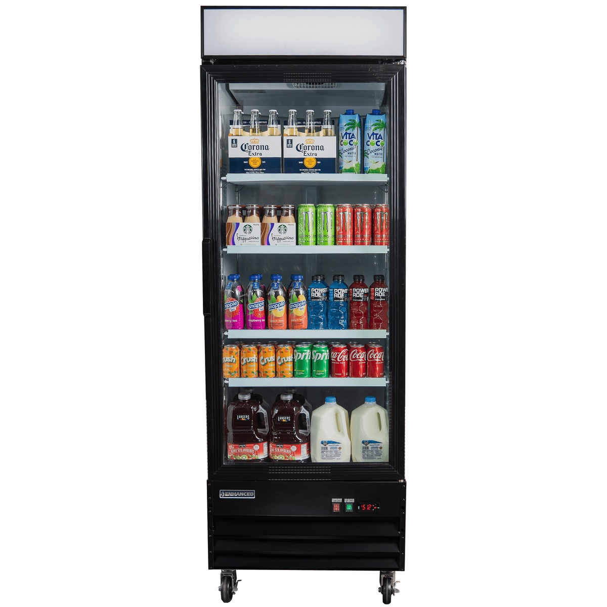 Enhanced Refrigeration EGDM-23R-HC front view fully stocked with beverages on black glass door merchandiser