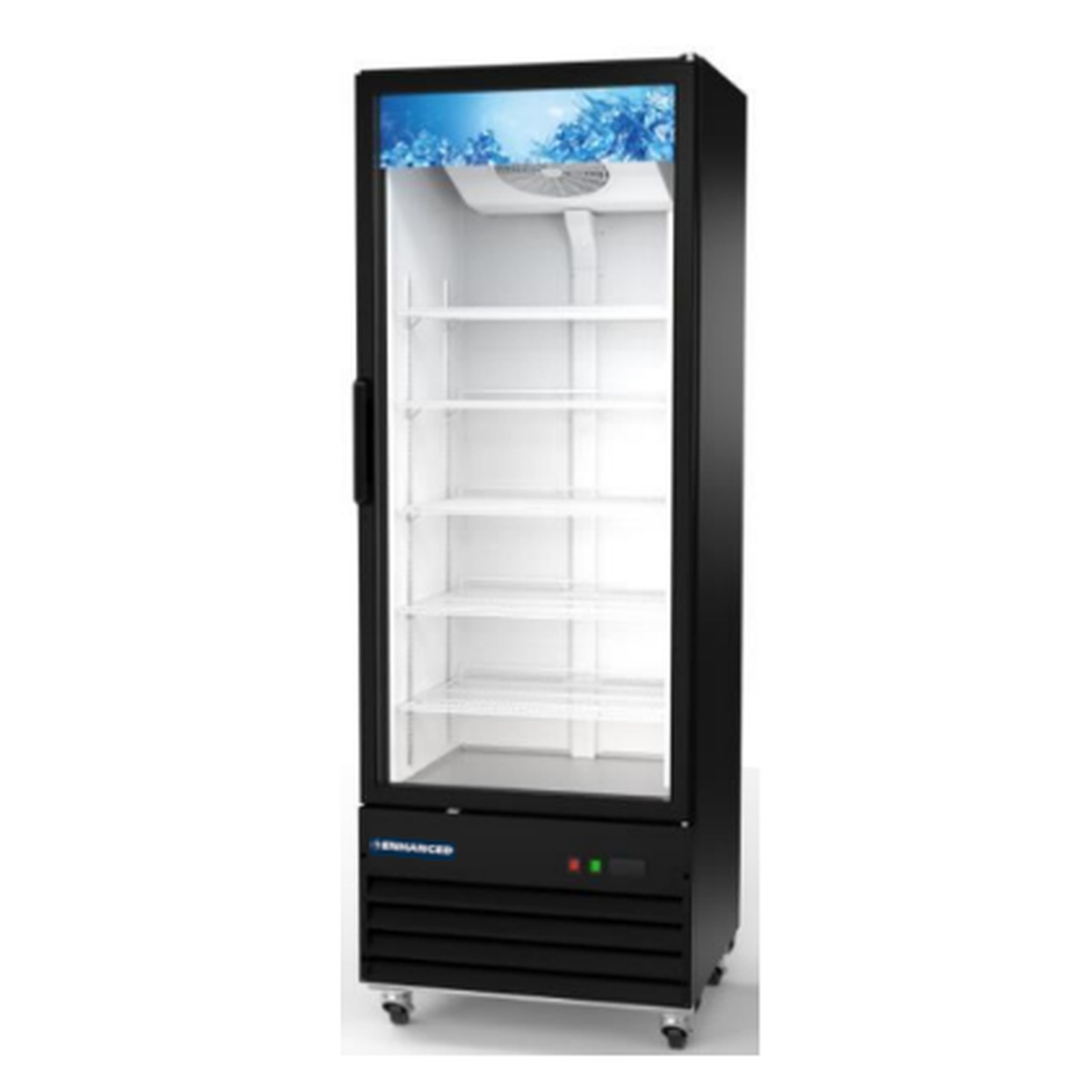Enhanced Refrigeration EGDM-29R-HC single glass door black merchandiser refrigerator with multiple wire shelves and caster wheels
