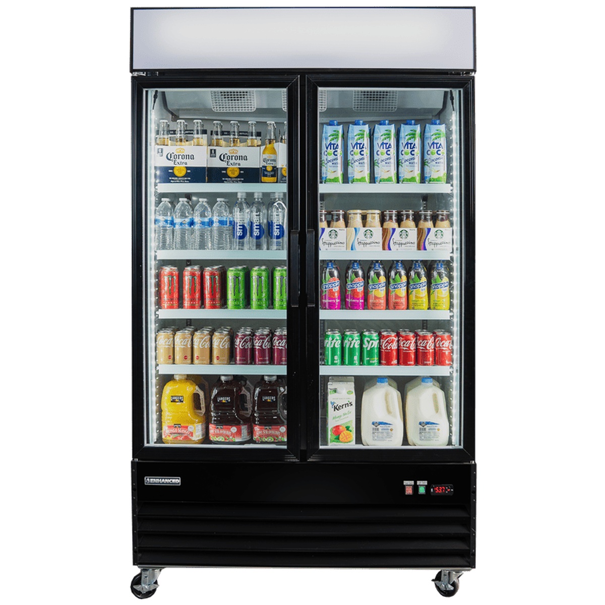Enhanced Refrigeration EGDM-35F-HC two-door glass merchandiser freezer with black exterior, stocked with beverages across multiple shelves
