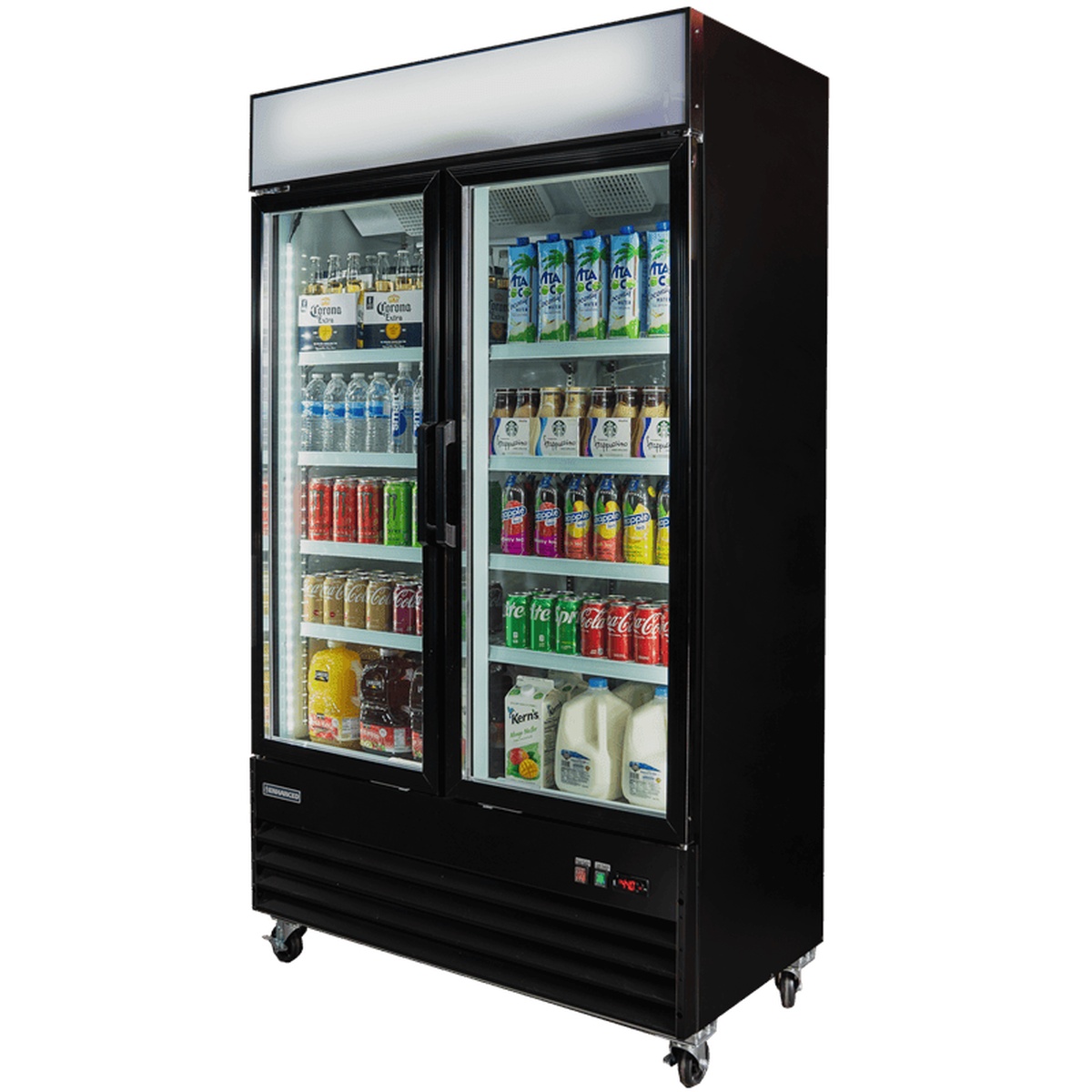 Enhanced EGDM-35R-HC two-door glass merchandiser refrigerator angled side view stocked with beverages