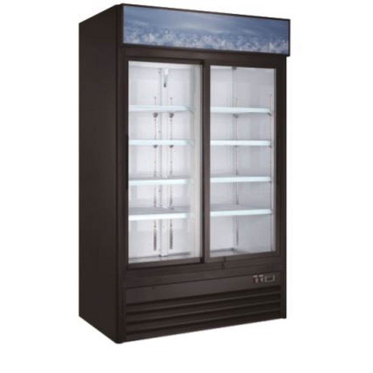 Enhanced EGDM-45R-SD-HC black merchandiser refrigerator with two sliding glass doors and illuminated interior shelves
