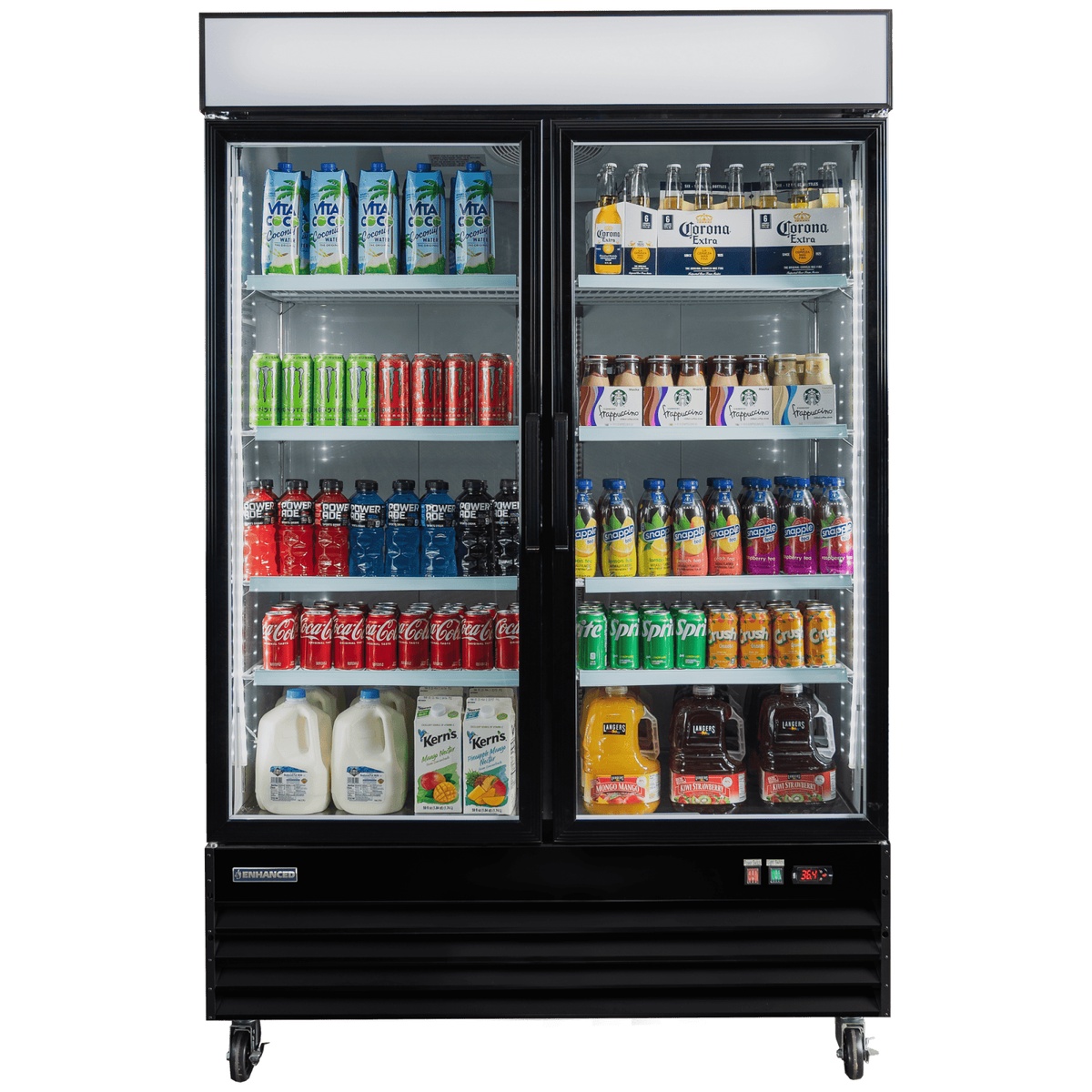 Enhanced EGDM-48F-HC black 2-door merchandiser freezer front view fully stocked with beverages on five shelves