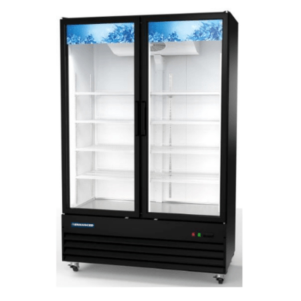Enhanced EGDM-54R-HC 2-door glass merchandiser refrigerator with black exterior, multiple interior shelves, and caster wheels