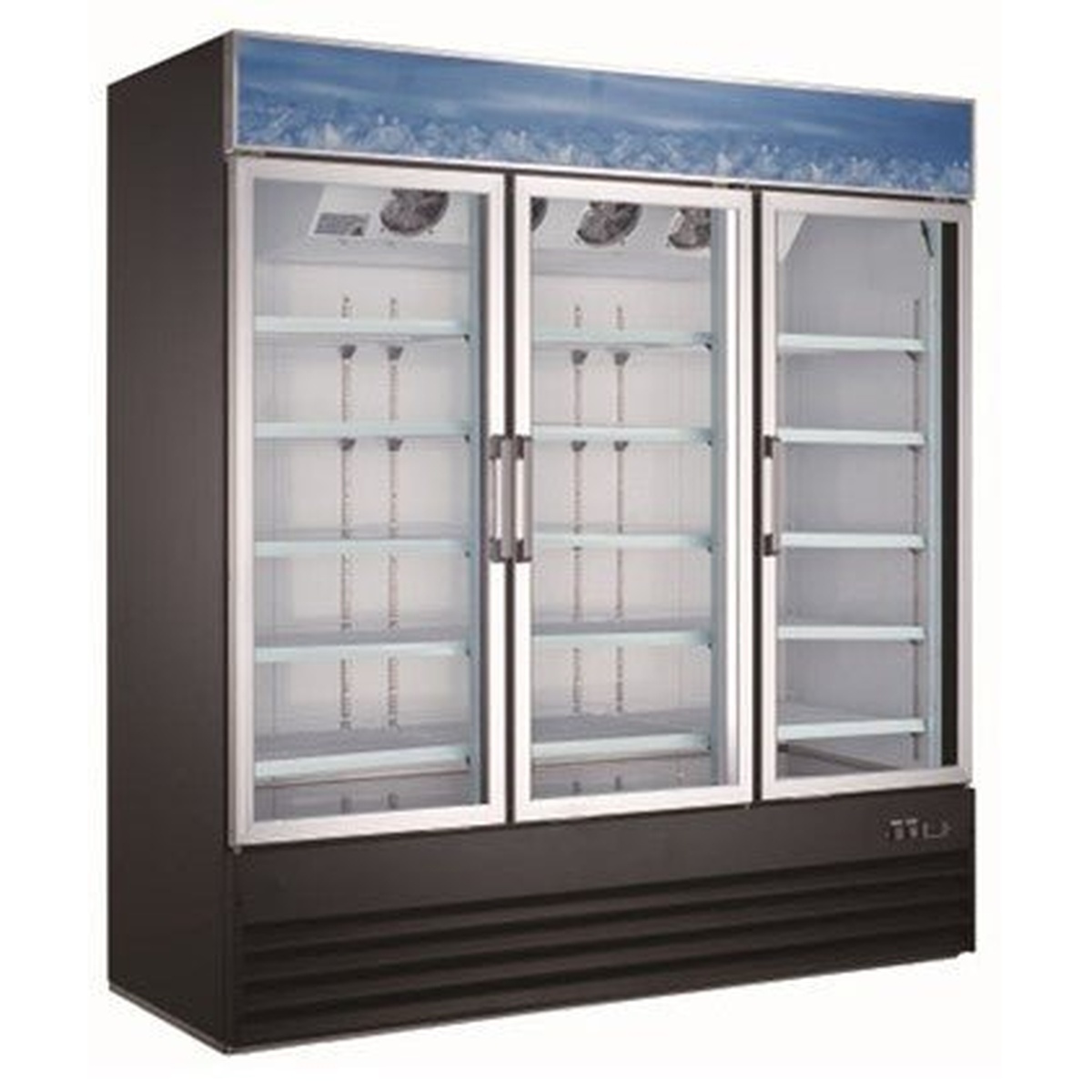 Enhanced EGDM-60F-HC three-door merchandiser freezer with black exterior and glass swing doors showing interior shelving