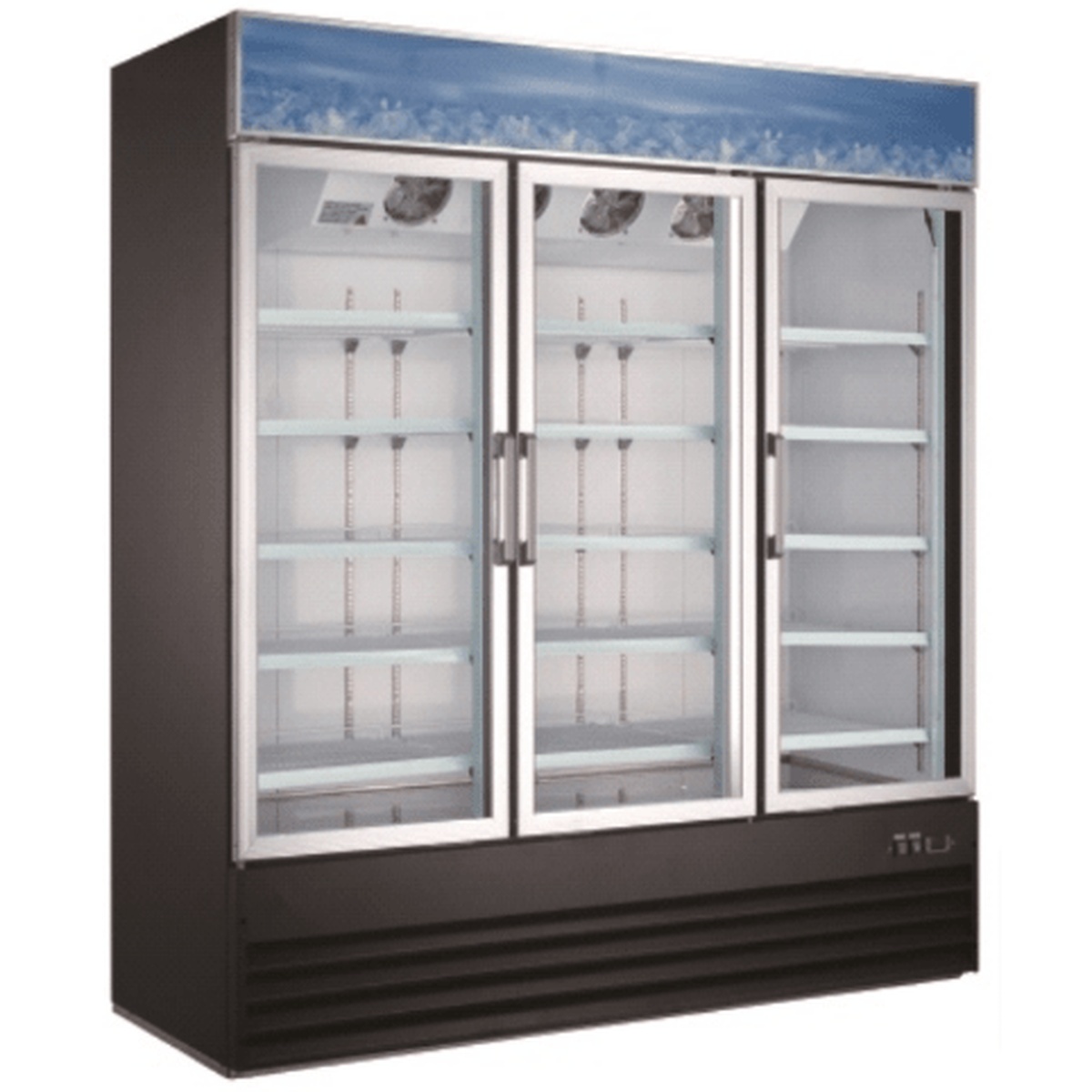 EGDM-60R-HC Enhanced 3-door glass merchandiser refrigerator with black coated steel exterior and illuminated interior shelves