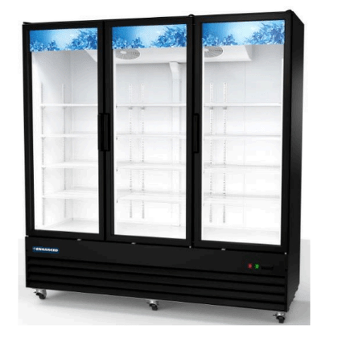 Enhanced EGDM-79R-HC three-door black glass merchandiser refrigerator with internal shelving visible through glass doors