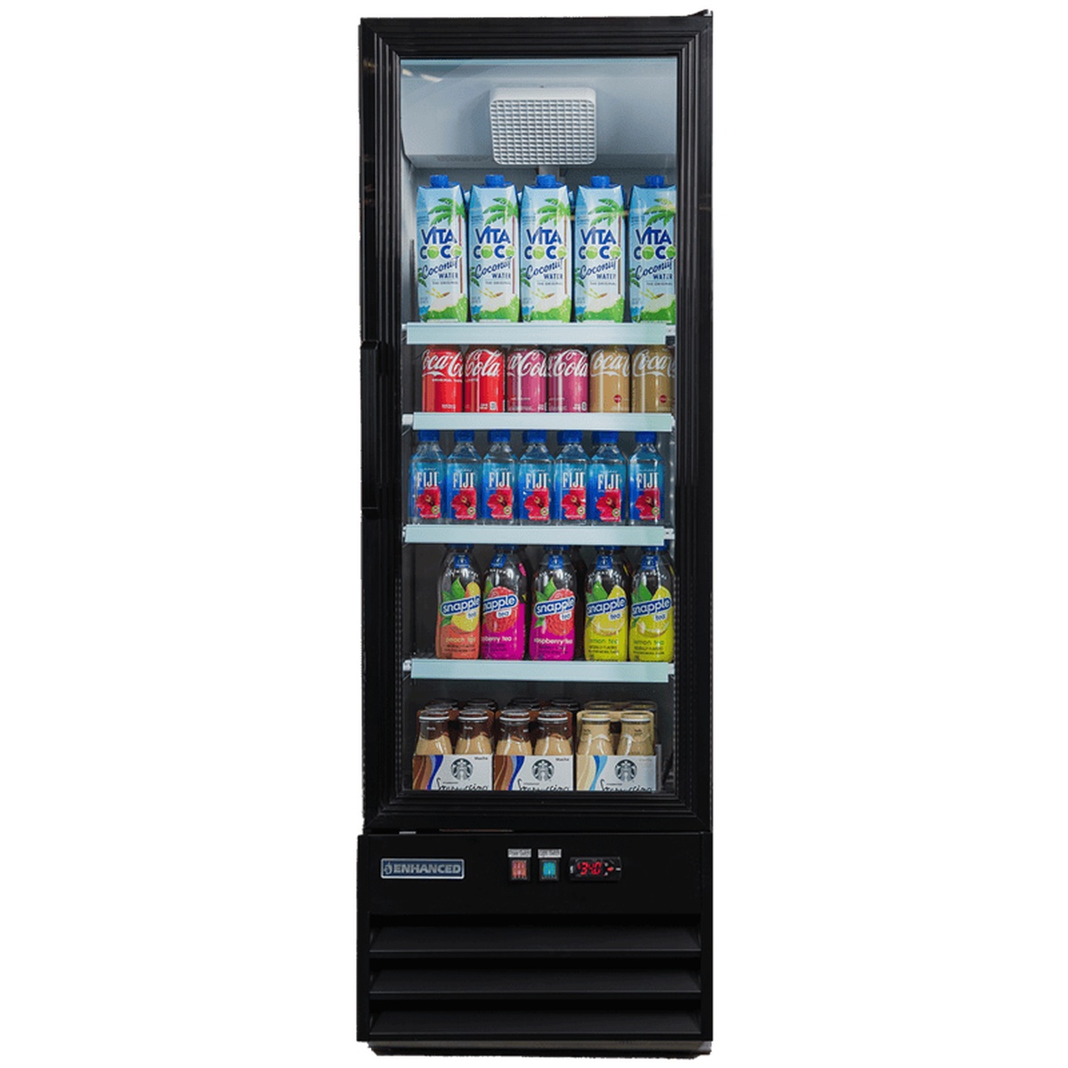 Enhanced EGDM-9R-HC single glass door merchandiser refrigerator, front view, stocked with beverages