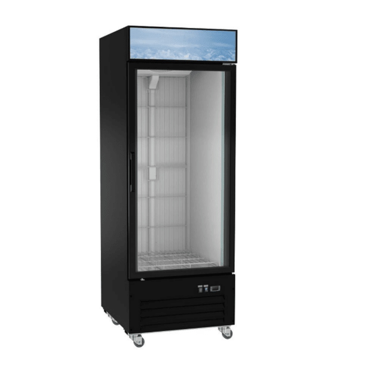 EGDM-ICE1-HC Enhanced black single glass door ice merchandiser with wire shelving and caster wheels