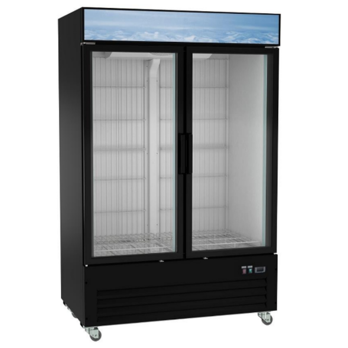 Enhanced EGDM-ICE2-HC two-door glass ice merchandiser freezer with black exterior, wire shelving, casters, and illuminated top light box