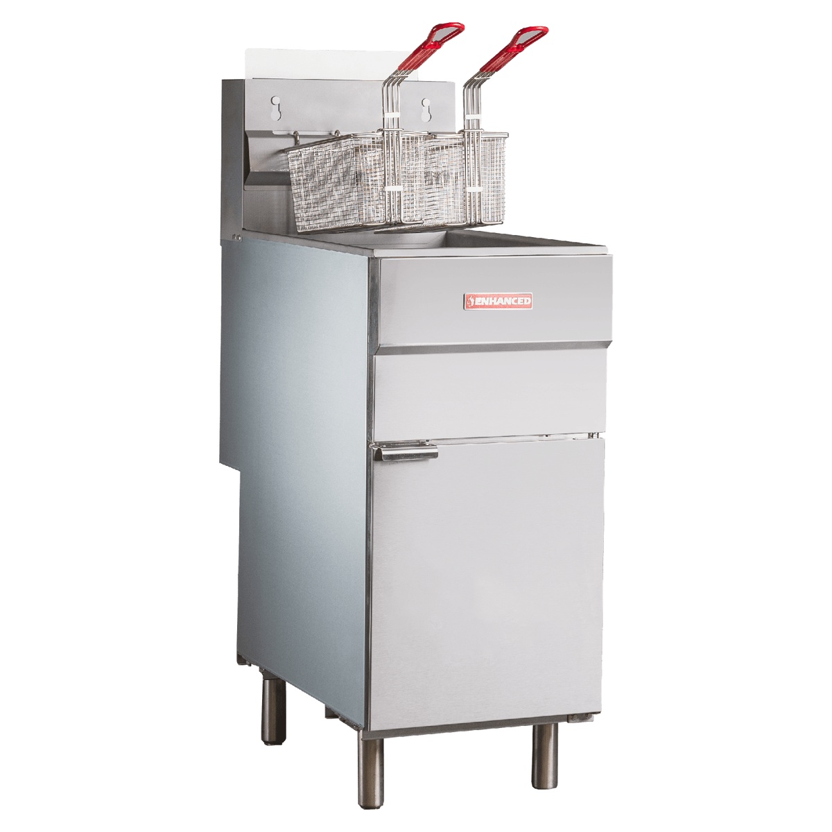Enhanced EGF-120-P propane gas floor fryer with two wire baskets on stainless steel unit