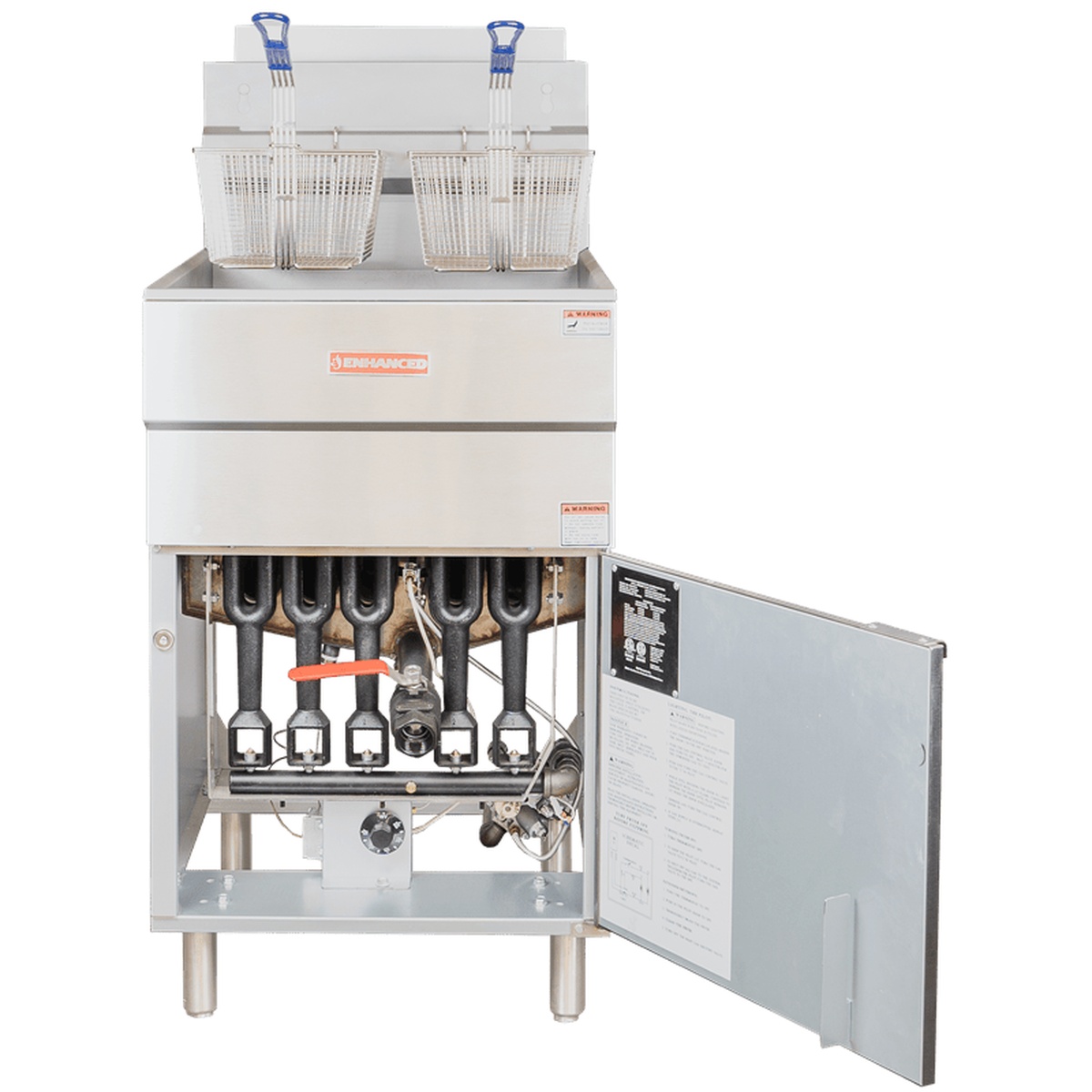 Enhanced EGF-150-N fryer with cabinet door open revealing three vertical cast iron burners and gas components
