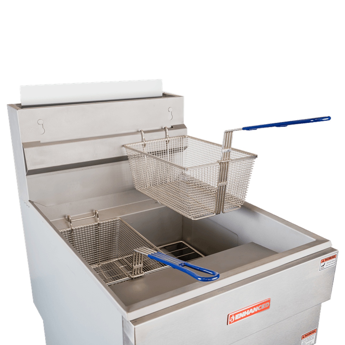 Close-up top view of EGF-150-N stainless steel fry vat with two wire mesh baskets and cool-touch handles