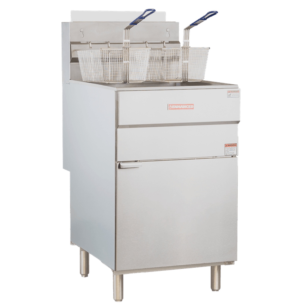 Enhanced EGF-150-N natural gas floor fryer front-angle view with twin baskets raised