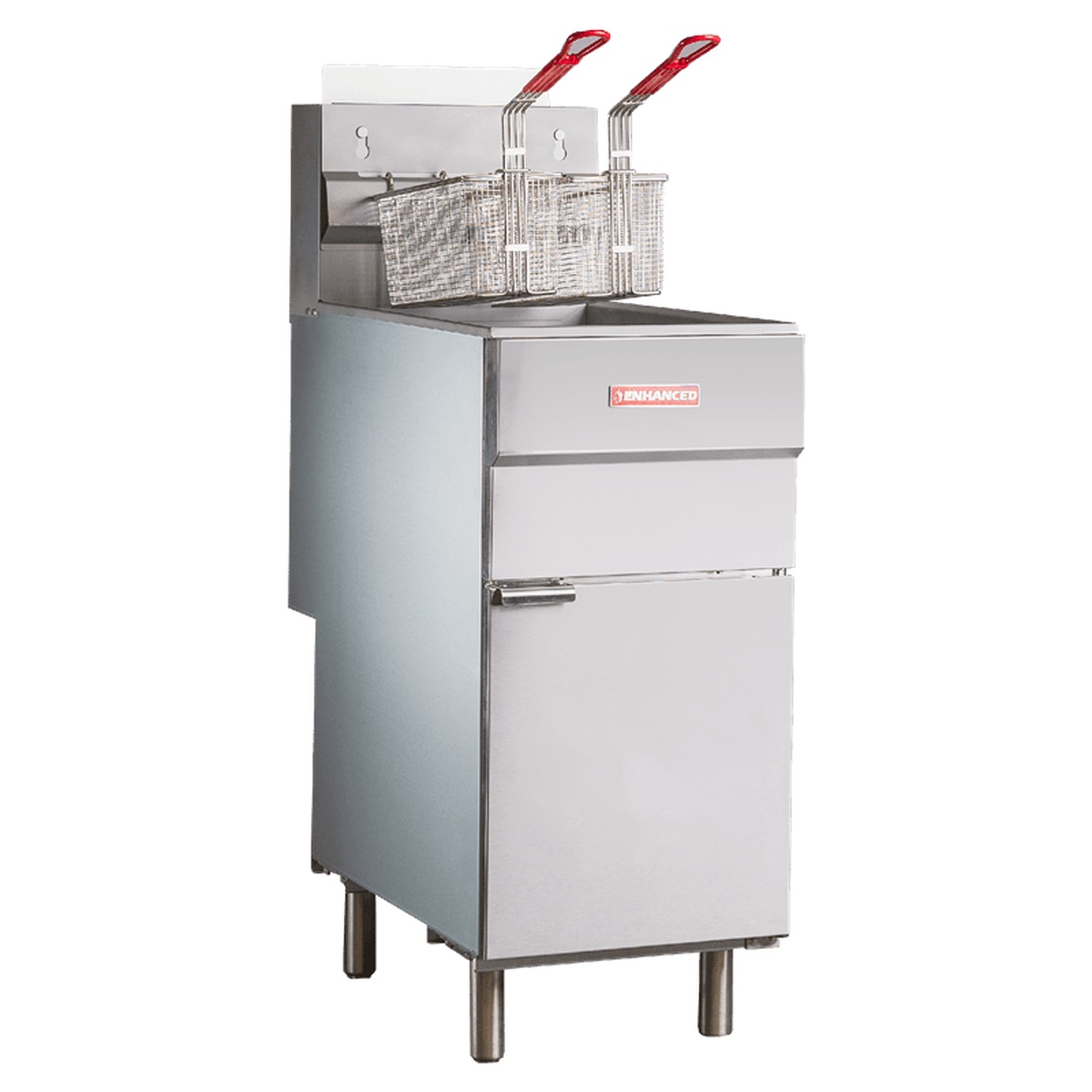 Enhanced EGF-3ES natural gas floor fryer with two nickel-plated baskets, stainless steel body, and lower cabinet door