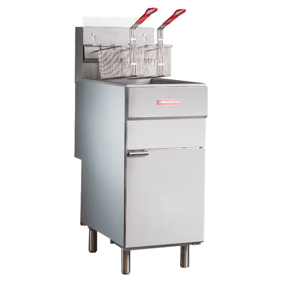 EGF-90-N Enhanced natural gas floor fryer with two twin baskets, stainless steel front and door
