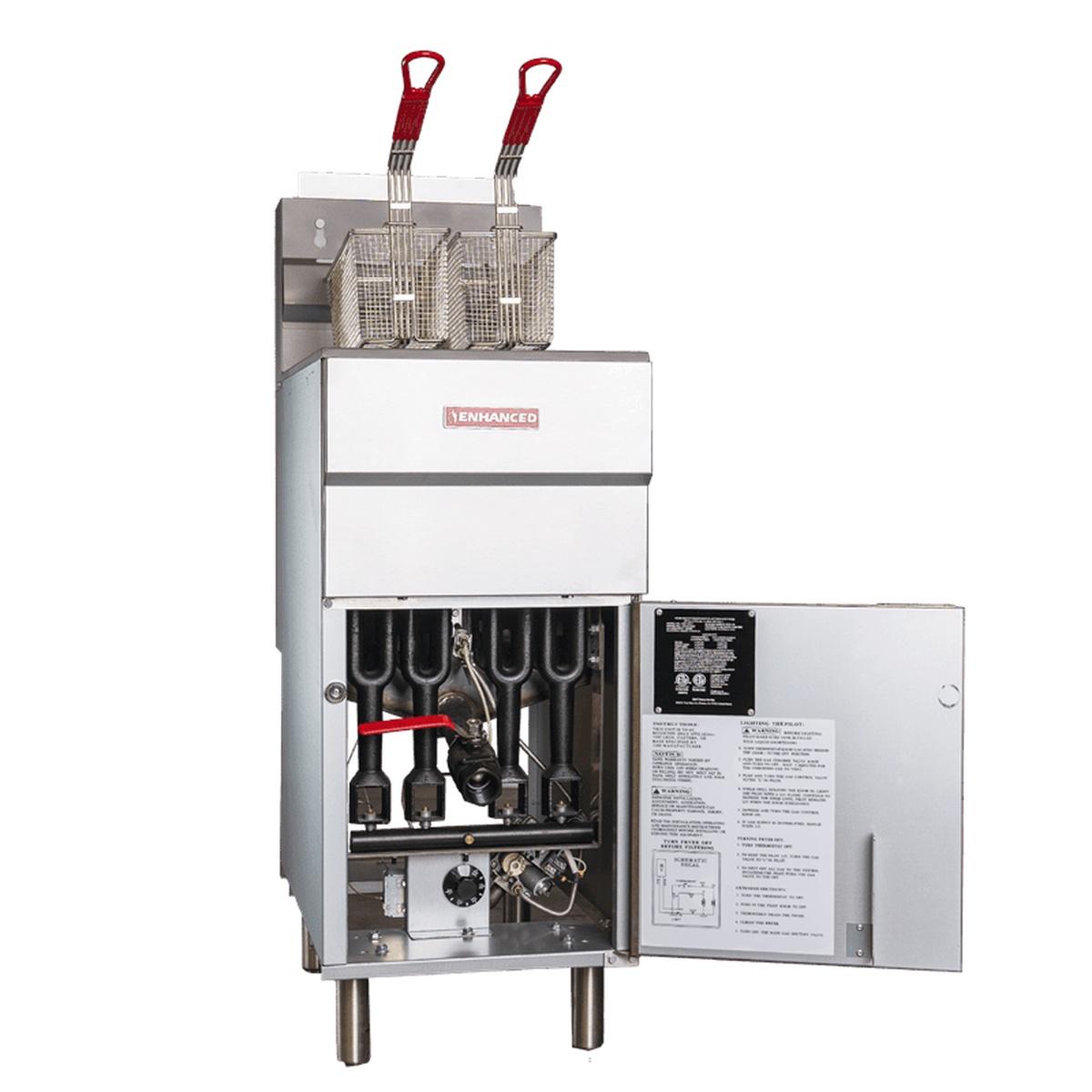 EGF-90-N Enhanced fryer with cabinet door open showing vertical burners and gas valve assembly