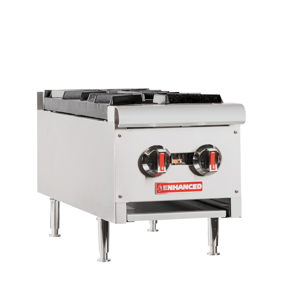 Enhanced EGHP-2L 12-inch 2-burner gas hot plate, front angle view showing stainless steel body and dual control knobs