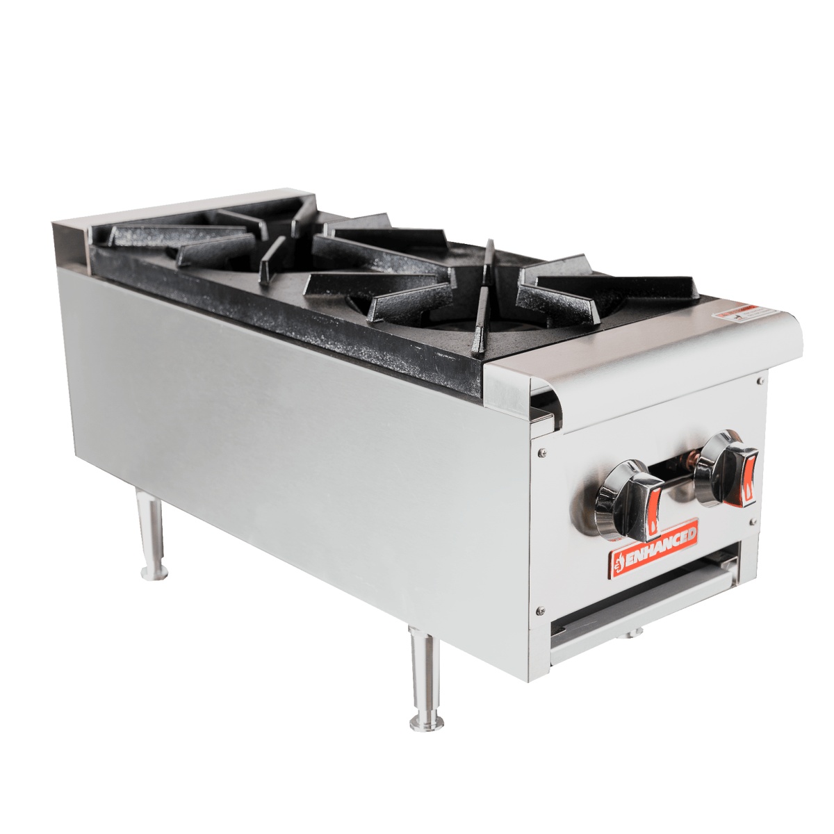 Enhanced EGHP-2L gas hot plate, side angle view highlighting cast iron grates and stainless steel construction