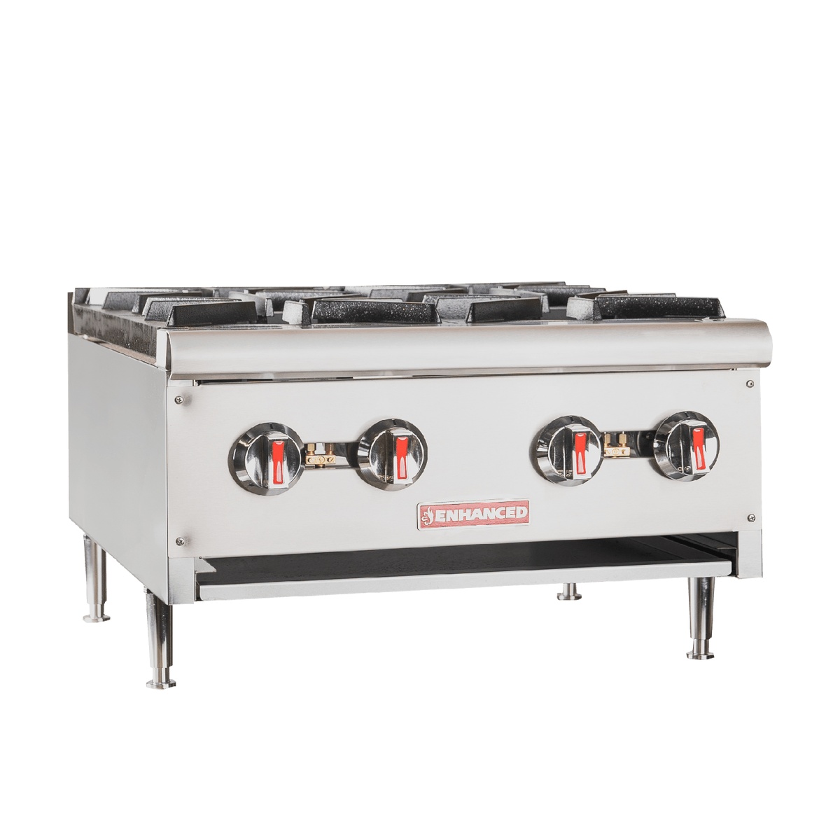 Enhanced EGHP-4L 24-inch 4-burner stainless steel gas hot plate with chrome control knobs and cast iron grates