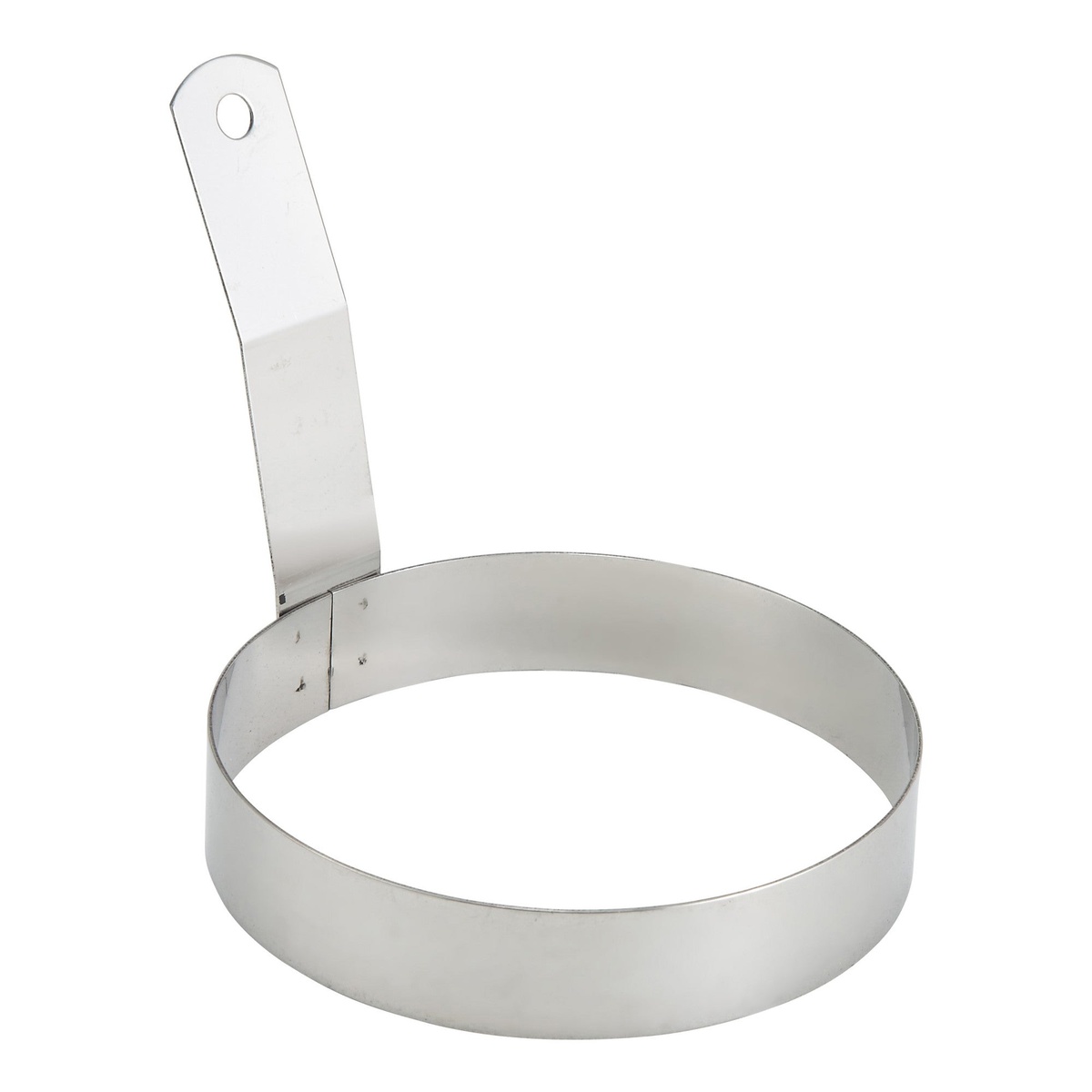 Winco EGR-5 5-inch round stainless steel egg ring with flat handle on white background