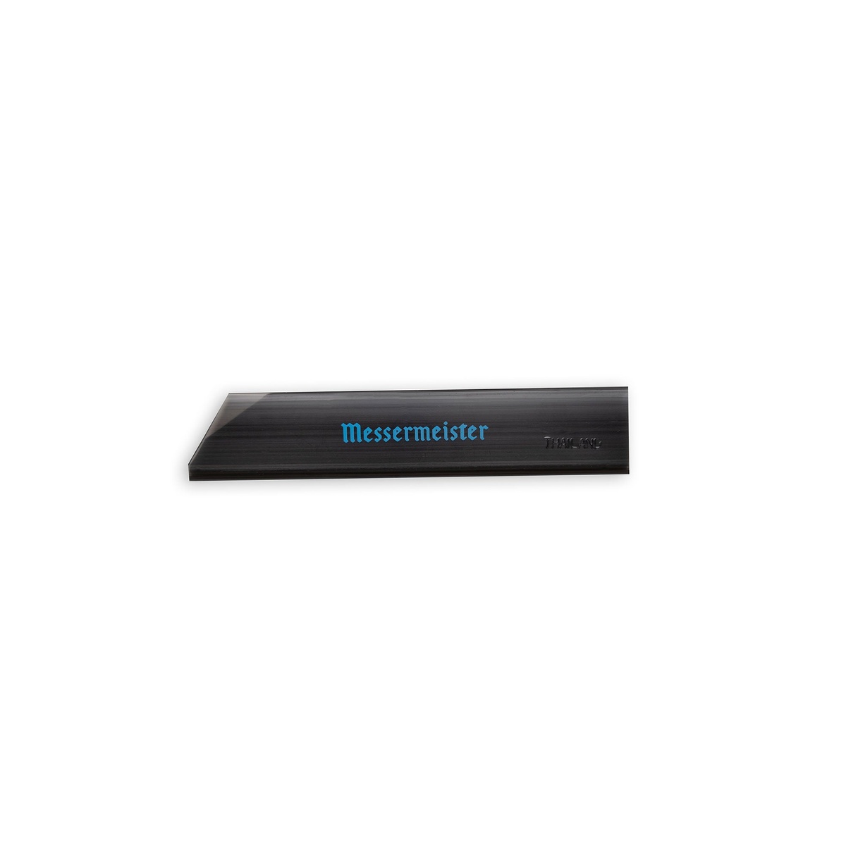 Single Messermeister black PVC edge guard shown at an angle with Messermeister logo and size markings visible