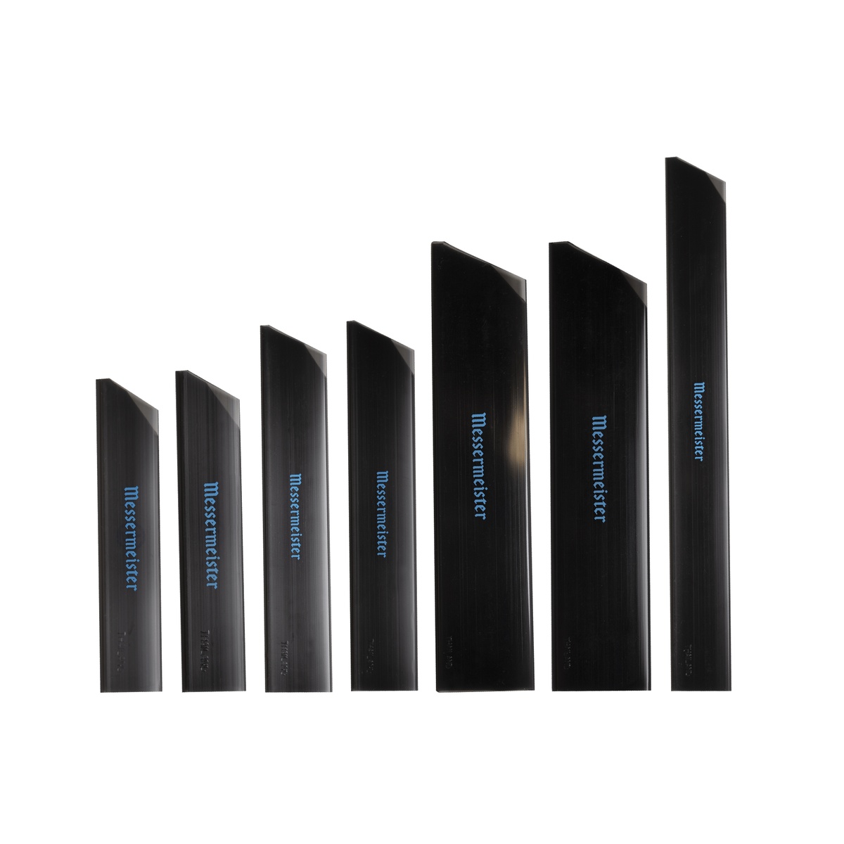 Messermeister black PVC edge guards in multiple sizes arranged by height on white background