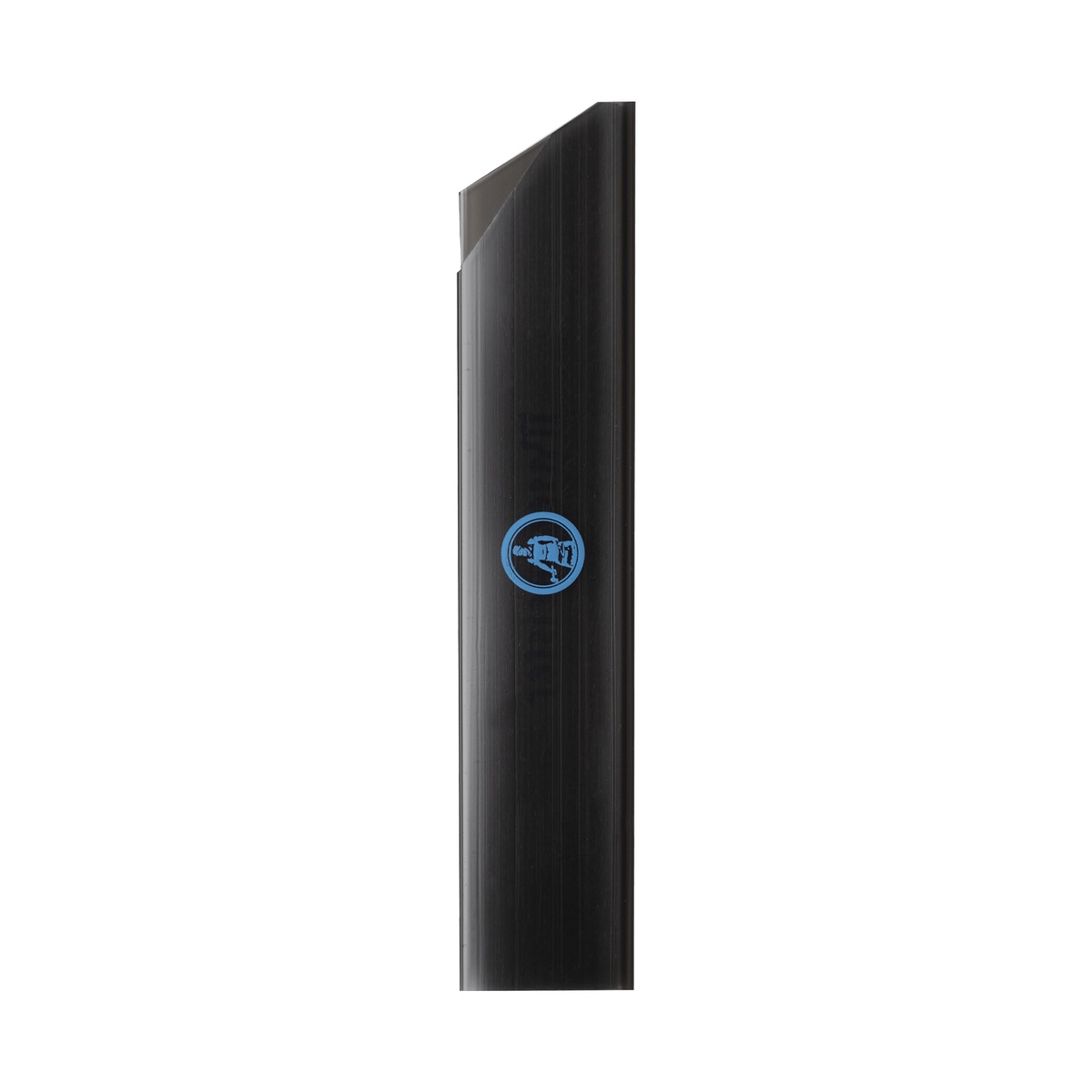 Side profile view of Messermeister 12-inch Chef's Edge-Guard standing vertically, showing tapered blade shape in black