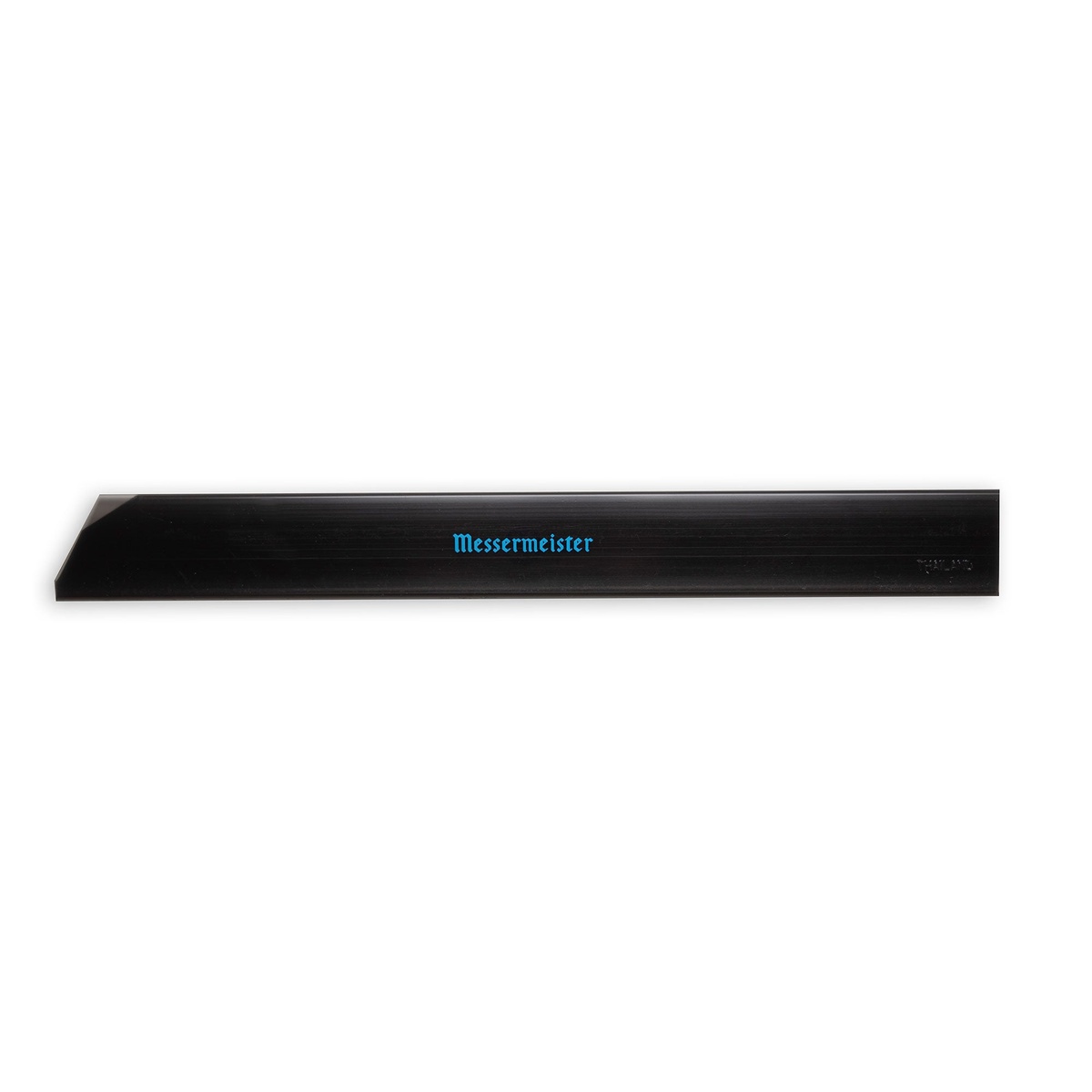 Messermeister 12-inch slicer edge guard, top view showing full-length black PVC blade cover with angled tip